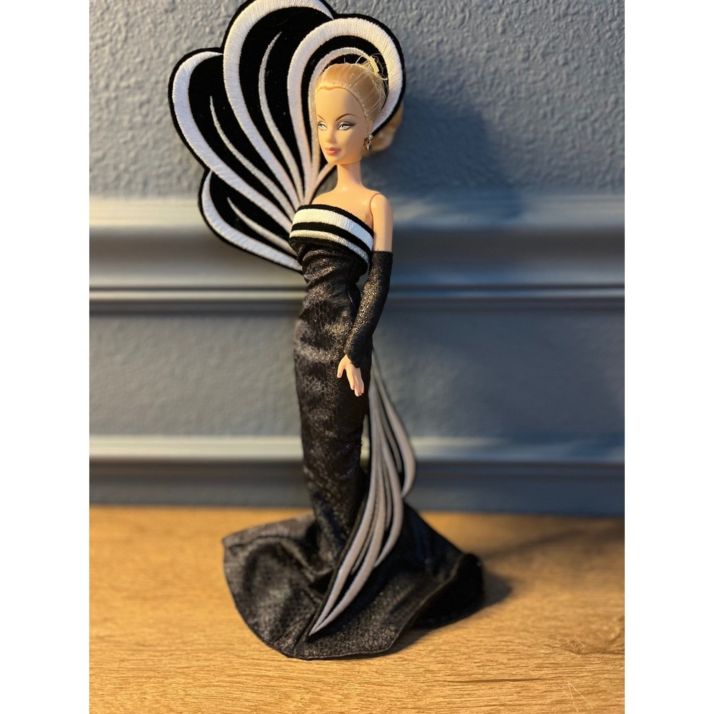 Barbie Doll Black White Halter Gown Dramatic Feathered Fashion Model Collectible